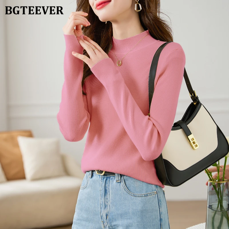 BGTEEVER سترات نسائية ضيقة ذات ياقة عالية بنصف ياقة عالية سترات خريف وشتاء غير رسمية أساسية بأكمام طويلة قطع علوية نسائية محبوكة #3