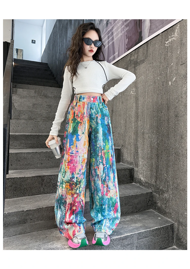 Street-Style Kinder-Jeans mit Bunten Prints für Teenager-Mädchen, Modische Hip-Hop-Tanz-Jeans, Trendige Hiphop-Denim-Hosen für Kinder – Detail 8