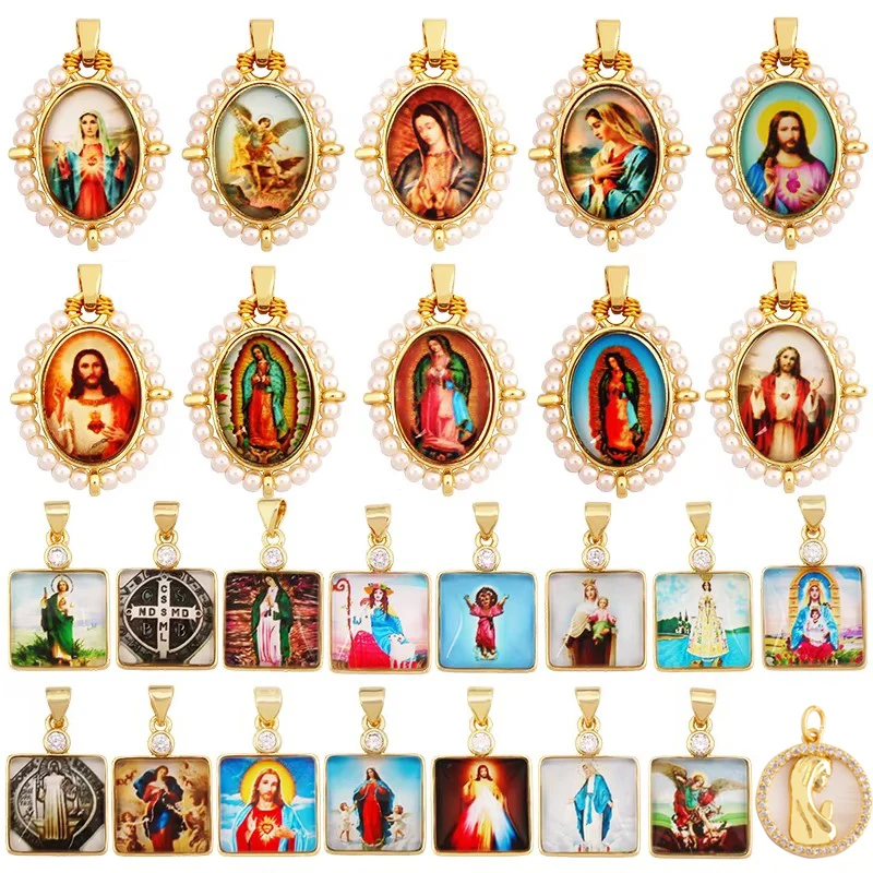 Religious Style Holy Jesus Virgin Mary Charm Geometry Pendant,18K Gold Inlaid Cubic Zirconia Pearl Jewelry Necklace Supplies K61