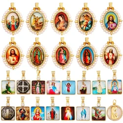 Religious Style Holy Jesus Virgin Mary Charm Geometry Pendant,18K Gold Inlaid Cubic Zirconia Pearl Jewelry Necklace Supplies K61