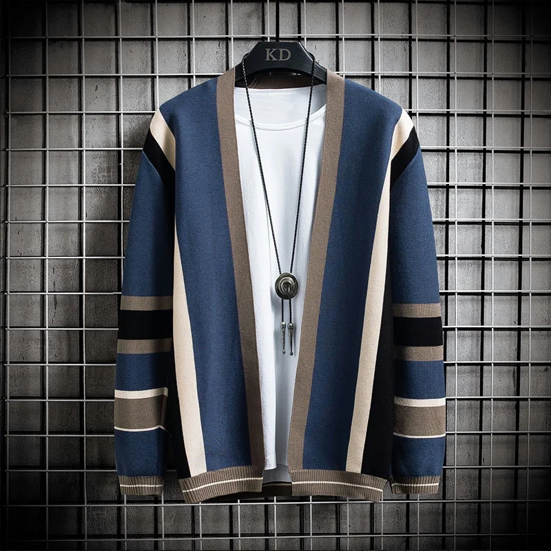 

Streetwear Fashion Contrast Color Striped Male Cardigan Korean Style Knitted Casual Luxury Men's Sweater Mens Designer Clothes