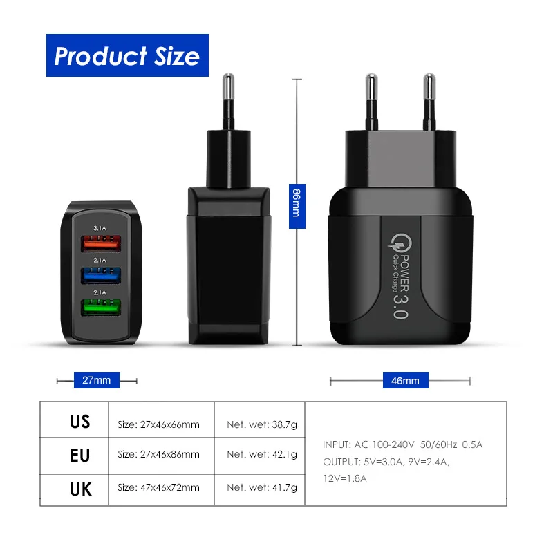 Carburador Multifunction para o telefone móvel, 5V, 2 A, 3USB