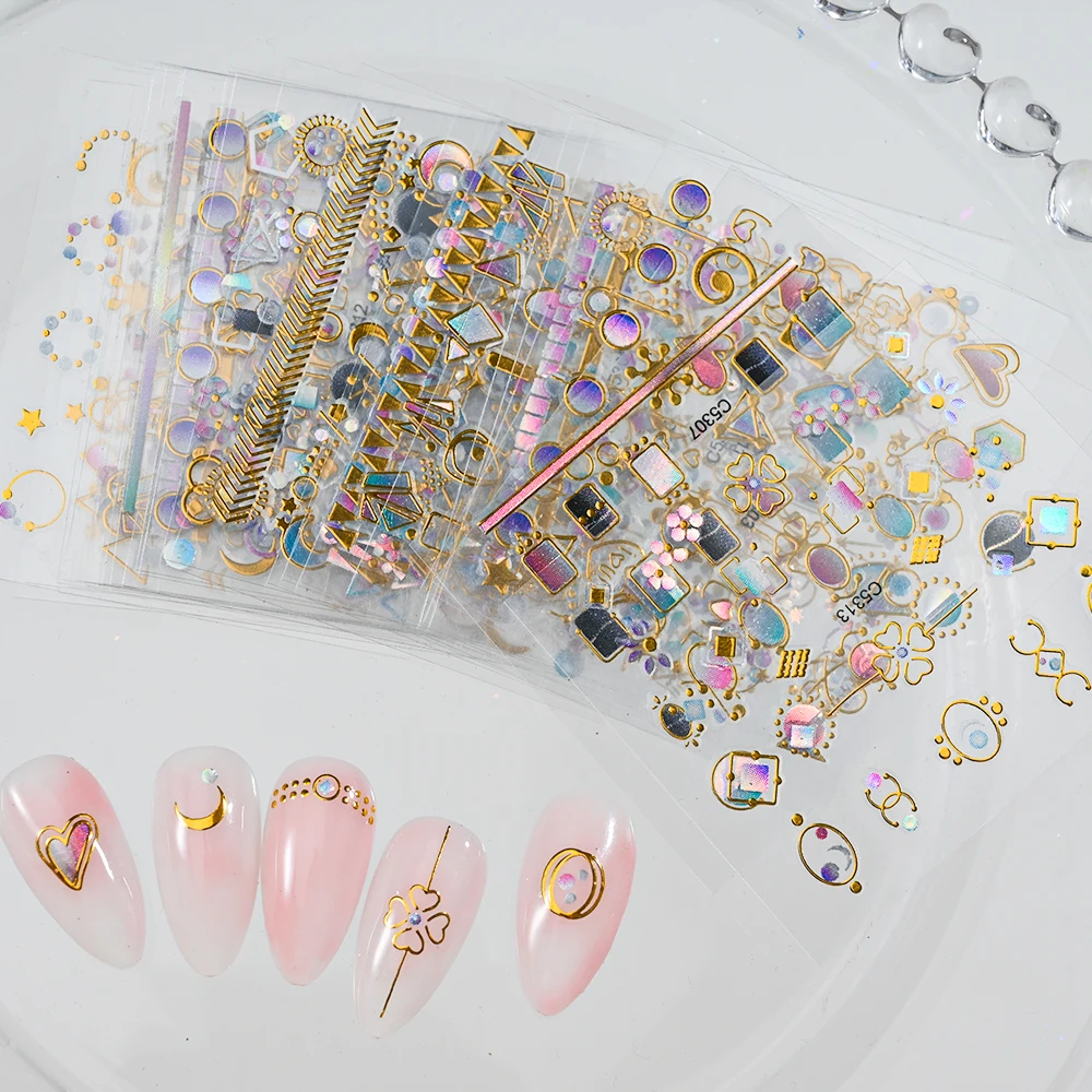 15Pcs Bronzing Gold Sun Moon Star Nail Stickers Laser Gem Diamond Adhesive Decals Heart Lines Manicure Y2K Nail Sliders