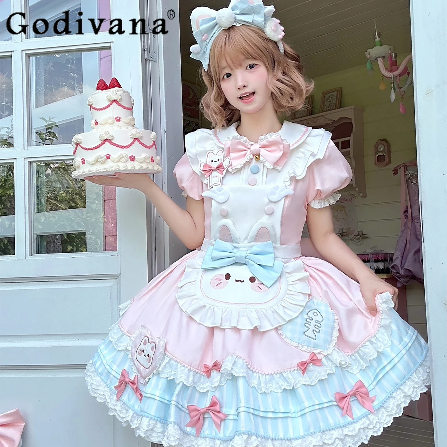

Sweet Lolita Style Birthday Party Dress Summer New Girl's Cute Bow Kawaii Print Y2K Short Sleeve Dress Cosplay Maid Costume