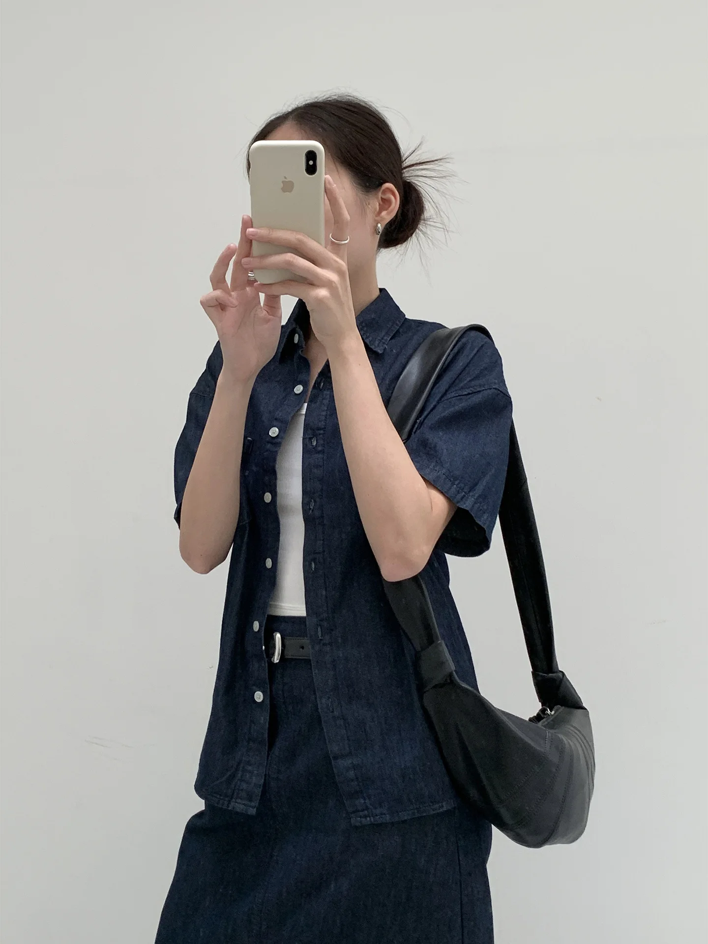 Deep Blue Denim Shirt Split Half Skirt Set Spring Summer New Arrival Dongda Gate Style Women's Casual Sportswear Ensemble