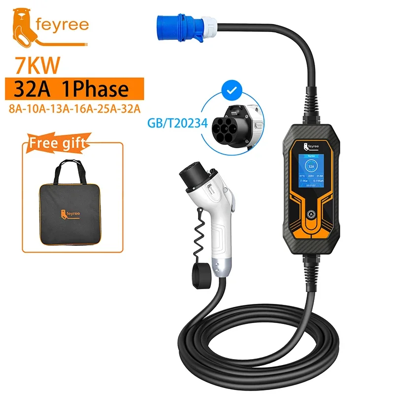 Feyree portátil ev carregador gb/t cabo 7kw 32a 1 fase 5m cabo evse wallbox estação de carregamento para veículo elétrico carro