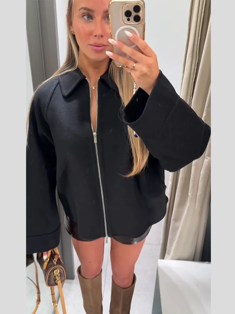 เสื้อแจ็คเก็ตผู้หญิงแบบลำลอง สีดำ ซิป ปกหลวม อุ่นสบาย สำหรับผู้หญิง ฤดูใบไม้ร่วง ฤดูหนาว ปี 2025 เหมาะสำหรับใส่ไปทำงาน