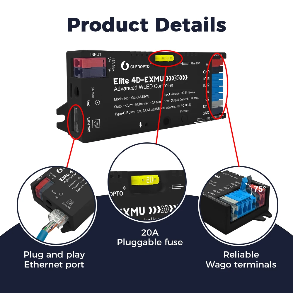 GLEDOPTO Elite 4-Channel WLED Controller ESP32, Ethernet & WiFi, Music Sync, 20A Fuse, for WS2812B SK6812 RGB IC LED Strip DIY