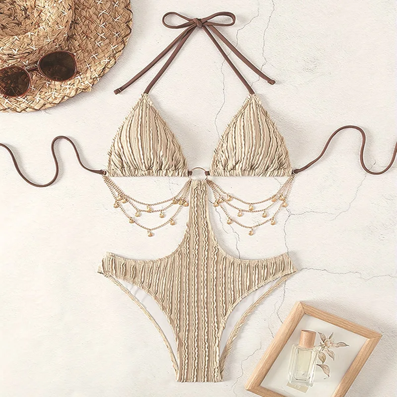costume da bagno sexy con catena in metallo a costine costume intero bikini a vita cava halter costumi da bagno body donna costumi da bagno biquini tankini