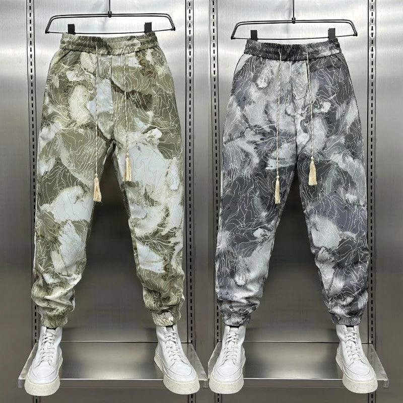Korean Style Tie-dye Print Casual Pants Black Mopping Trousers Men Autumn Fashion Streetwear Pants Unisex Plus Size