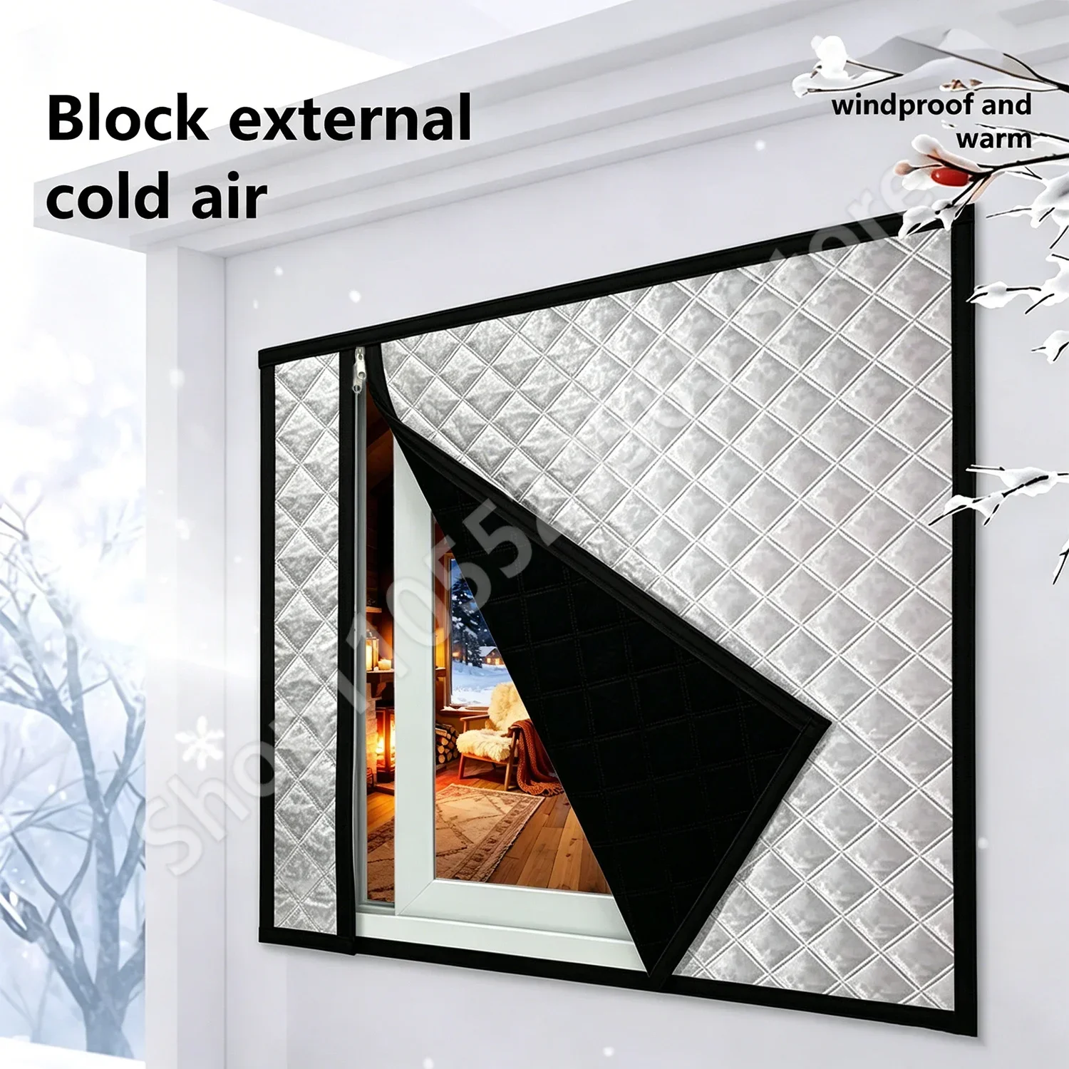 Winter Windproof Window Curtain Cold Blocking Warm Sound Insulation Self-Adhesive No Drill Easy Install Window Coverings Black