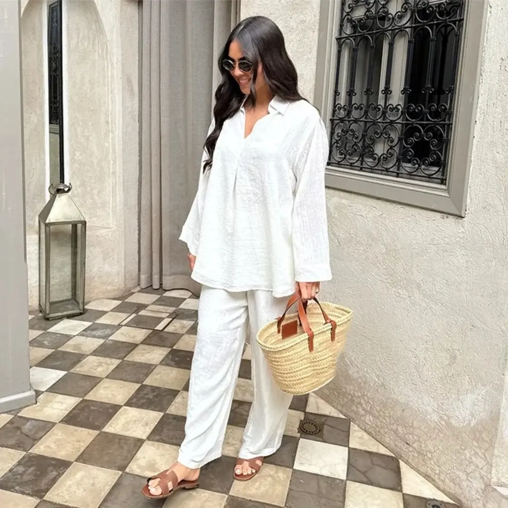 

New Women's V-neck Suit Two-piece Set Elegant Commuter Fashion European American Style Shirt And Pants Autumn Summer