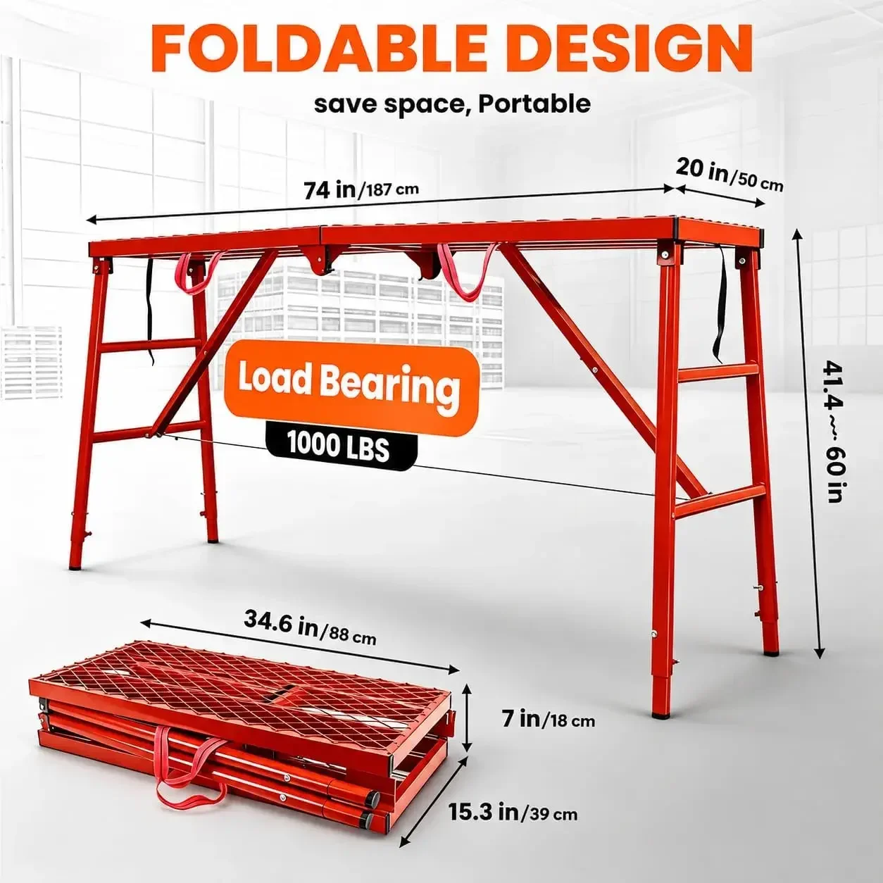 Scaffolding Work Platform 74” x 20” x 60”, 1000LBS Heavy-Duty Steel, 5-Level Height Adjustable Anti-Slip Foldable Scaffolding Pl
