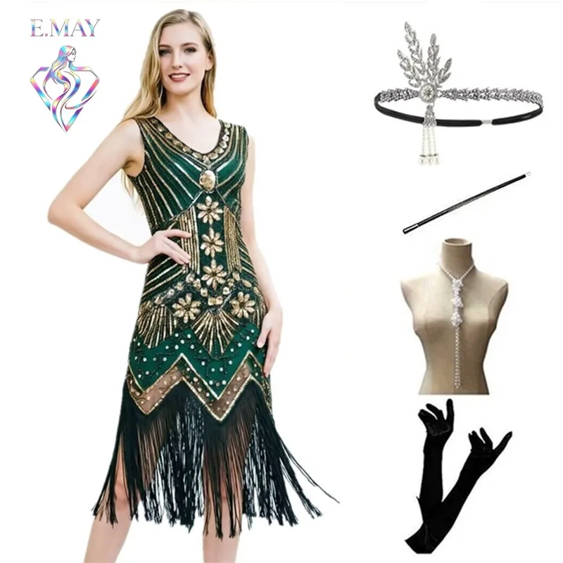 Retro Beaded Gown Set with Tassel V-Neck for Party Evening Large Size Women's Clothing Sequin Dress Ensemble for Ladies