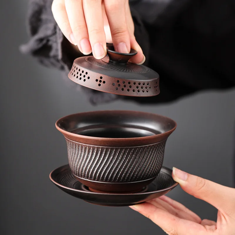 Hreaded Jumping Knife Ceramic Tea Set Triple Cap Bowl Anti Scalding Kung Fu Tea Set, Tea Making Household Lid Bowl