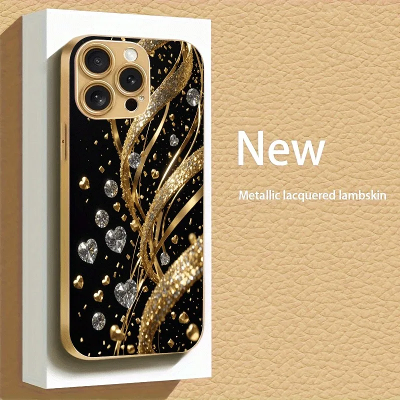 

Gold Diamond Heart Pattern Gold Metallic Paint Glass Phone Case For iPhone 17 Pro Max 11 12 13 14 15 16 Plus 17 Air 16E Cover