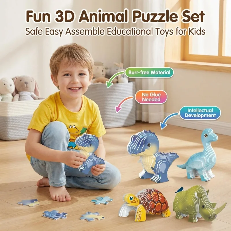 3D Dschungeltier-Puzzle-Set für Kinder, 4-teiliges Modellbausatz aus Karton: Tyrannosaurus Rex/Laufender Dino/Schildkröte/Nashorn, MINT-Bildung