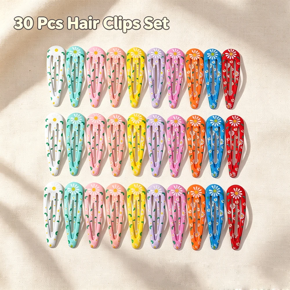 30Pcs Random Colorful Daisy Print Water Drop BB Hair Clips Cute Girls Metal Hair Barrettes