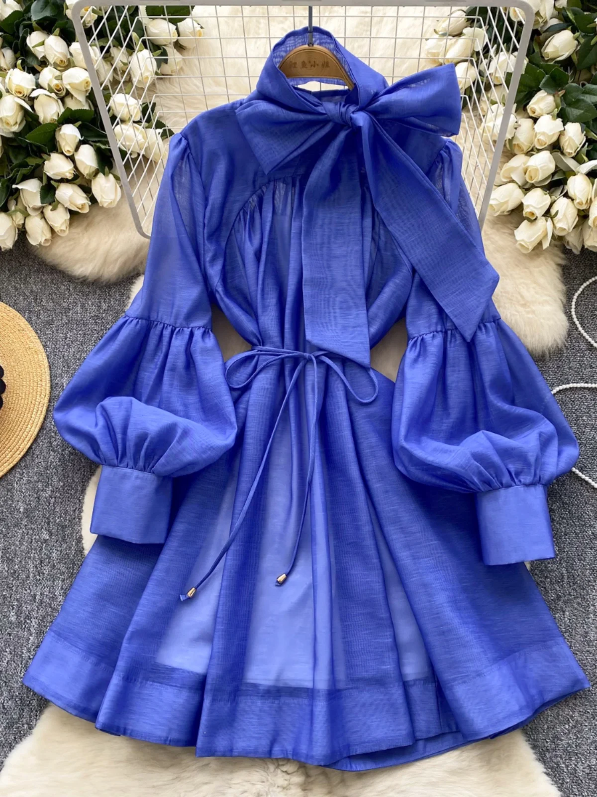 

Streetwear Women'S Dress 2025 New Spring Fashion Bow Tie Lantern Sleeve Midi Dresses Vintage Elegant And Chic Dress With Sashes