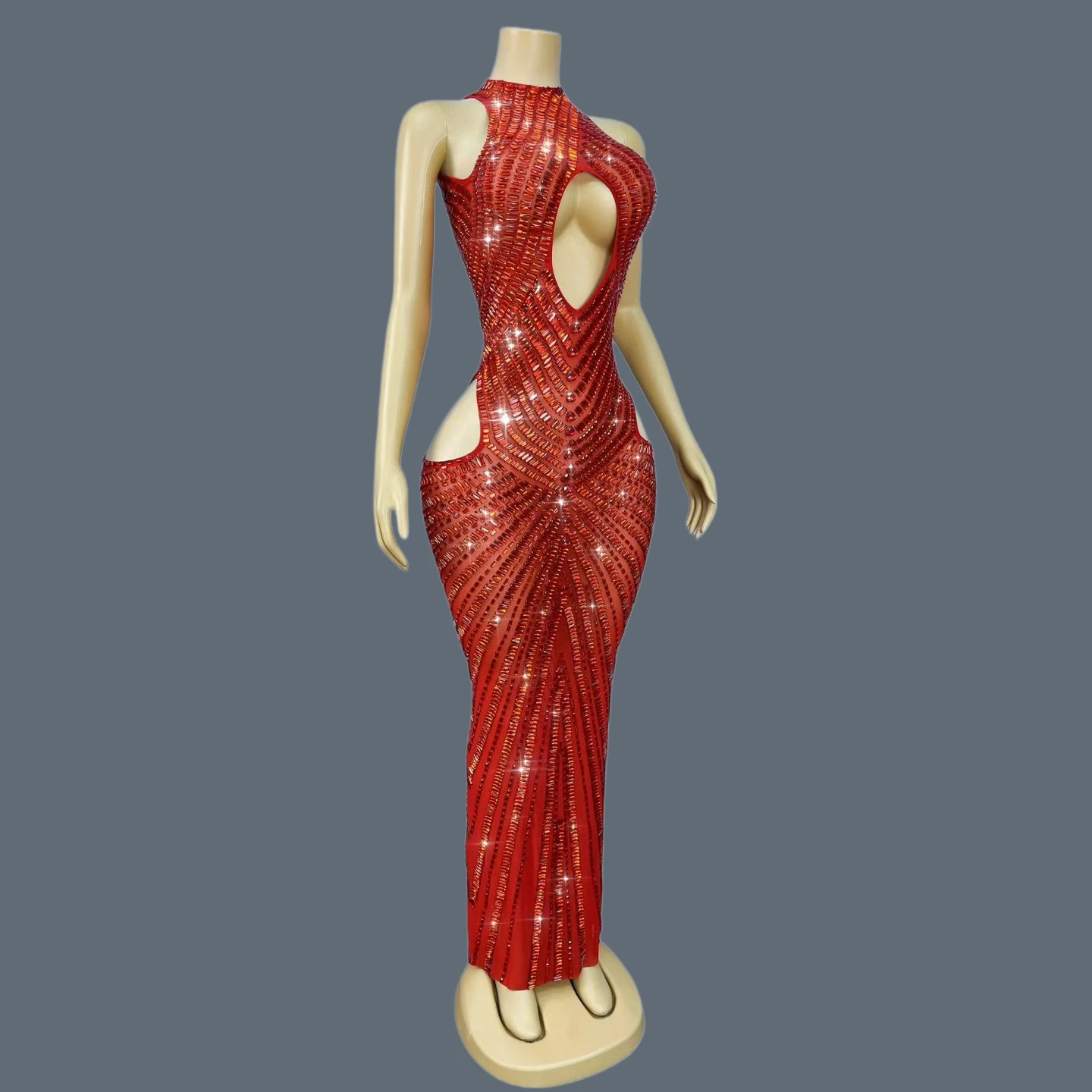 

Luxury Red Rhinestone Hollow Out Mermaid Dress Sparkly Stage Performance Outfit Sexy Prom Party Club Evening Gown Changliantiao