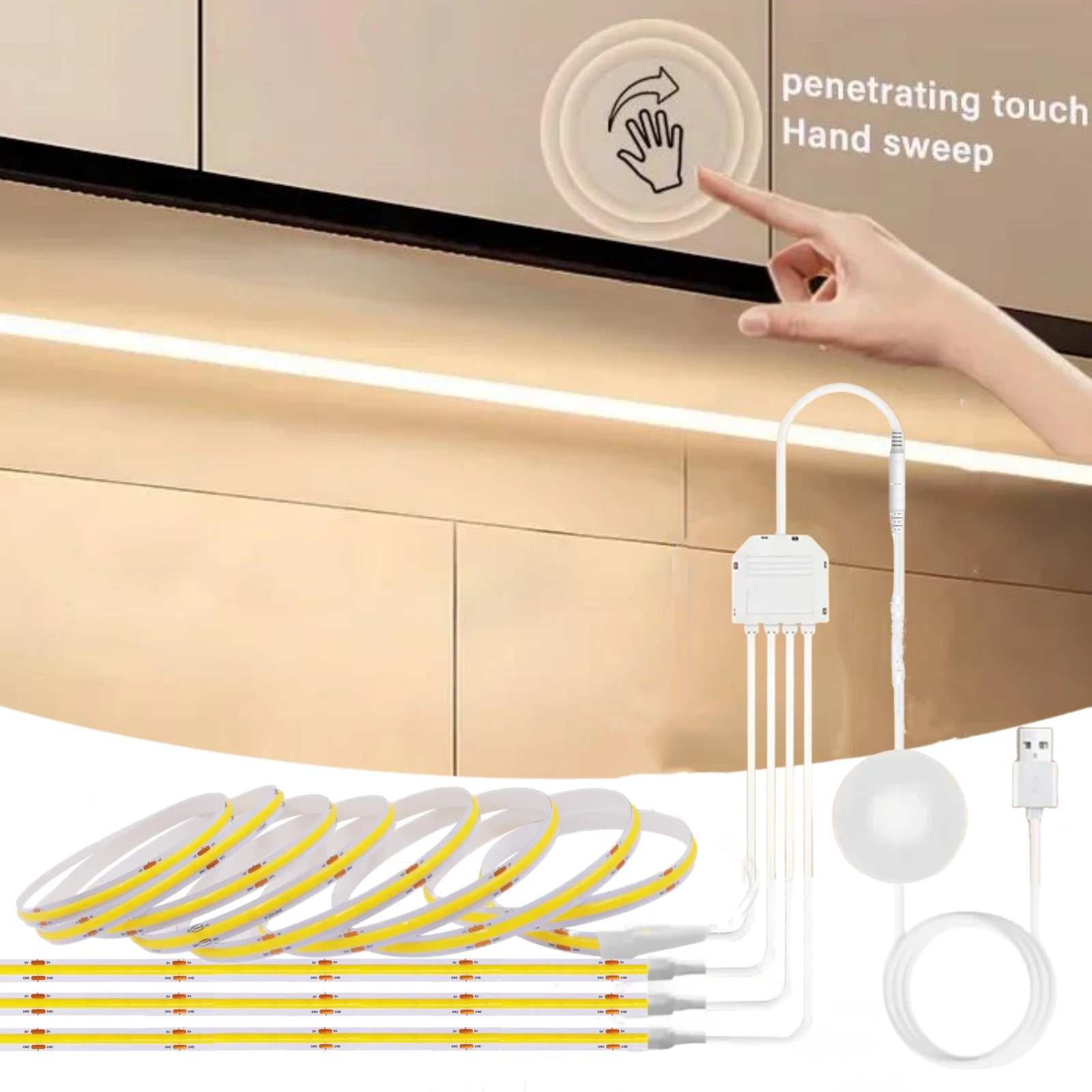 1-6pcs USB 5V COB LED Strip Under Cabinet Collection Display Touch Dimmer Bookcase Wardrobe Motion Sensor Penet Wood Closet Lamp