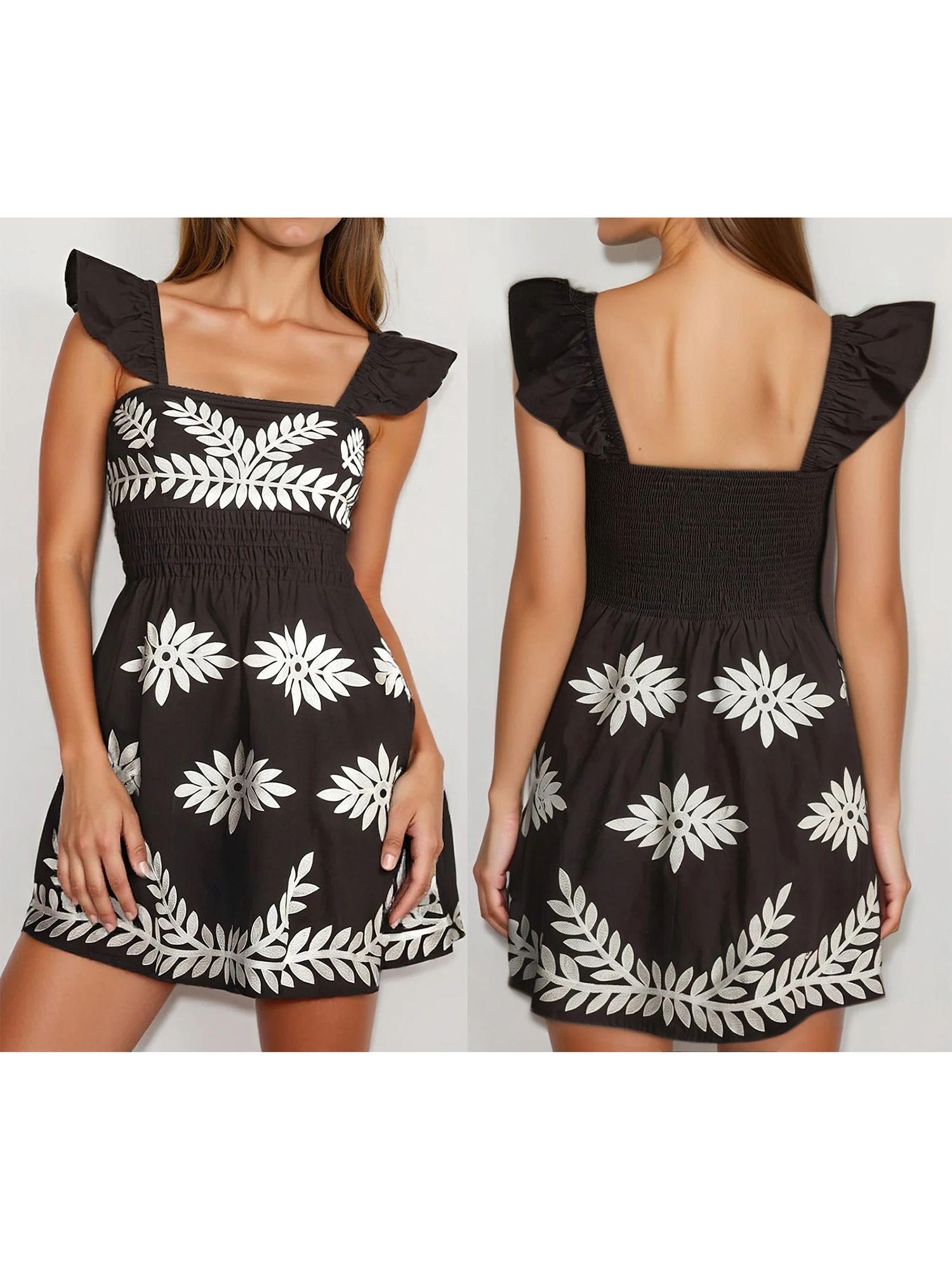 Abito da donna con volant e spalle scoperte con stampa floreale. Elegante mini abito smock a maniche corte per la festa estiva in spiaggia