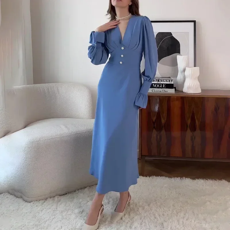 Temperamento Abiti da donna eleganti Manica svasata Decorazione con bottoni Volant Scollo a V Vita alta Slim A-line Abiti femminili alla moda