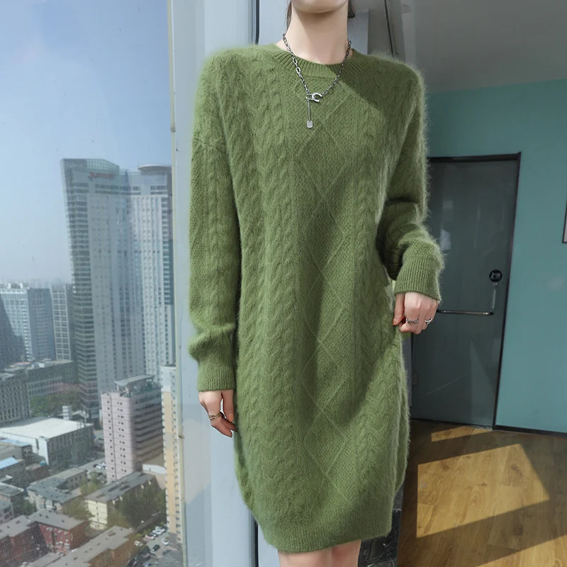 Thick Soft  100%  Mink Cashmere  Elastic Sweater  Pullover Women  O-Neck  Long Sleeve Knitwear Basic Elegant Warm Long Dress