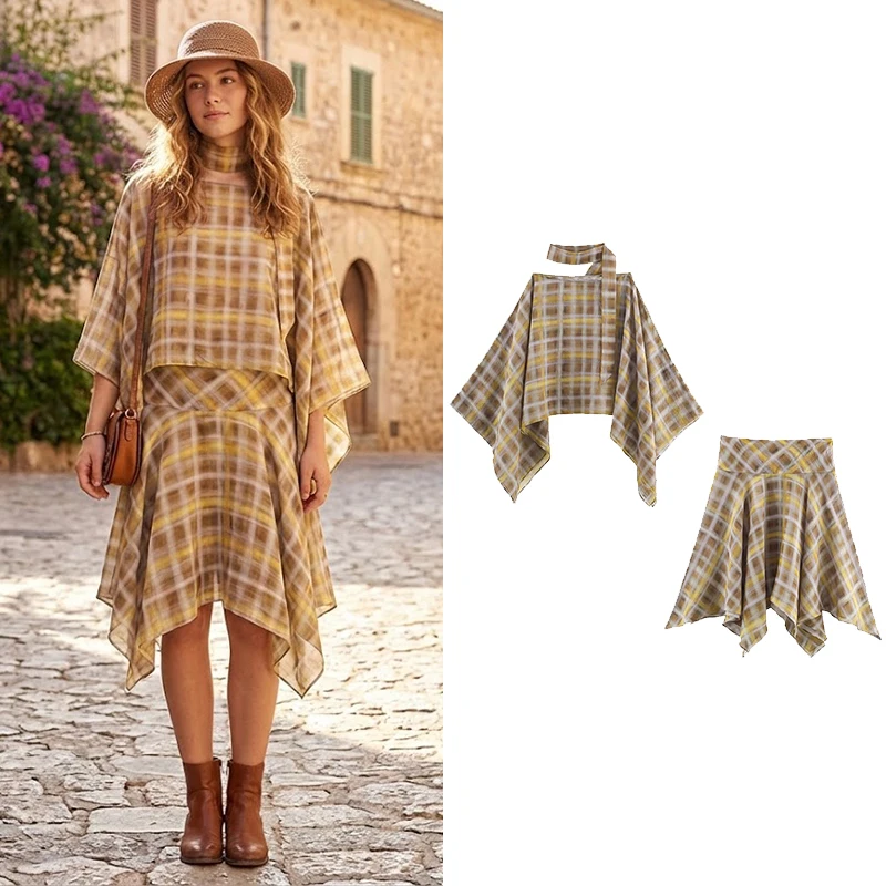 

Willshela Women Fashion 2 Piece Sets With Scarf Plaid Shirts & Vintage Side Zipper Pleated Midi Skirt Female Chic Skirts Set