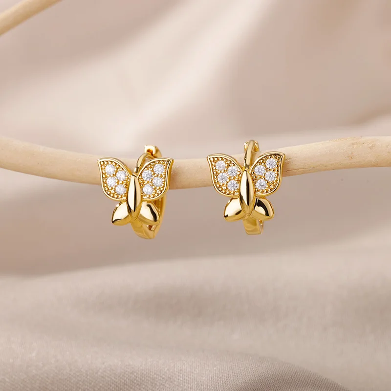 Kubische Zirkon Schmetterling Creolen Für Frauen Mädchen Gold Farbe Edelstahl Ohrringe Luxus Schmuck Party Geschenk pendientes