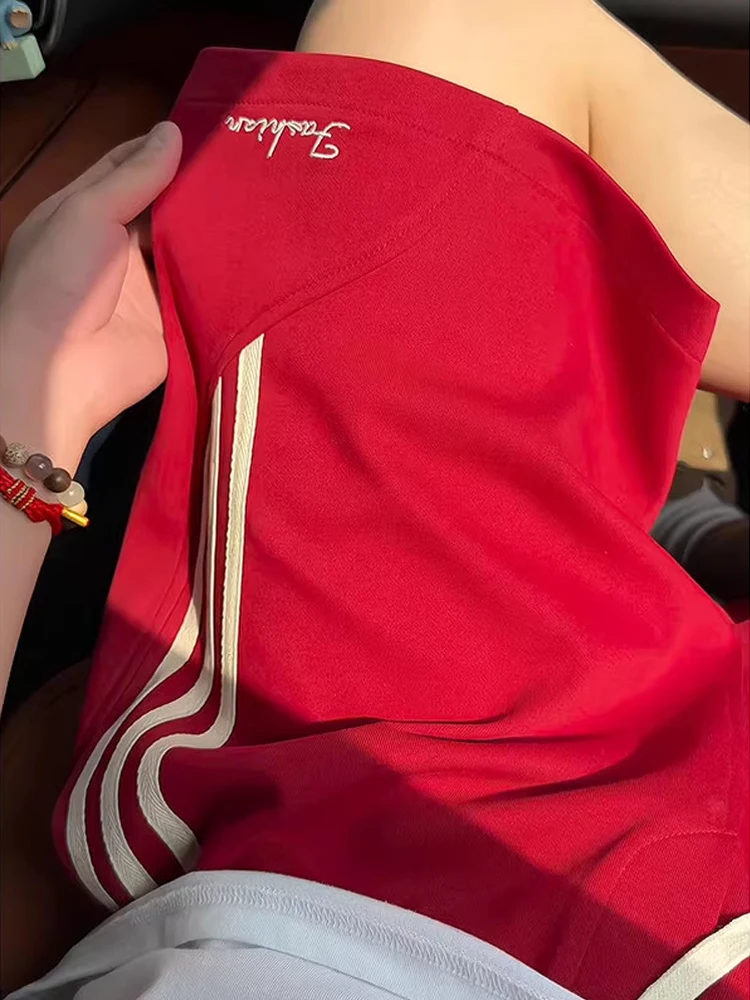 

Red Striped Sports orts Men's Summer Trendy Brand Teenage Baskeall Casual Pants American High Street Five-Quarter Mid-Pants