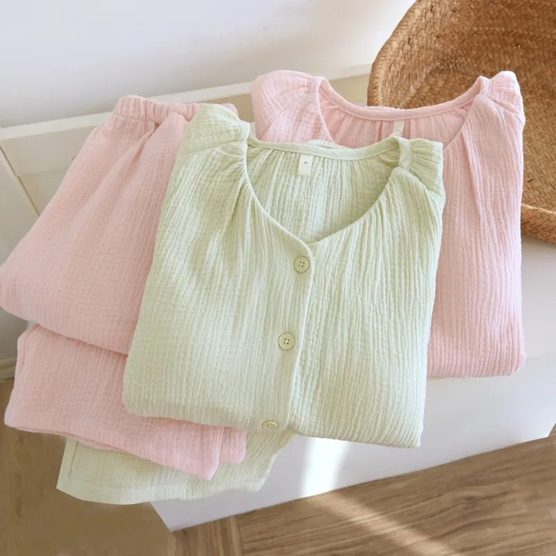 

Весенние женские простые пижамные комплекты из 100% хлопка: рубашка с круглым вырезом и брюки для дома с нагрудными вкладышами