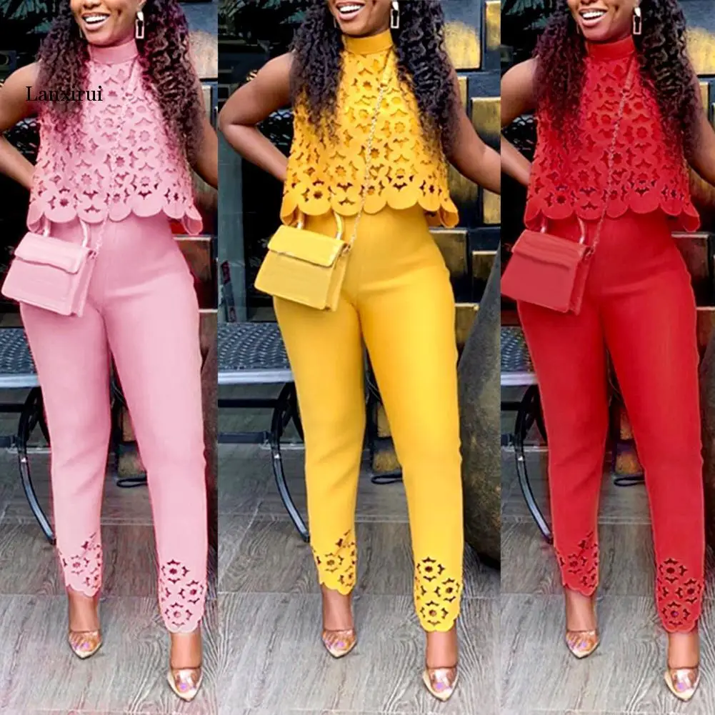 

Solid Color Two Piece Set Women Pant Suits Sexy Hollow Lace Sleeveless Pullovers Crop Top Long Pants Women Outfit Tracksuits