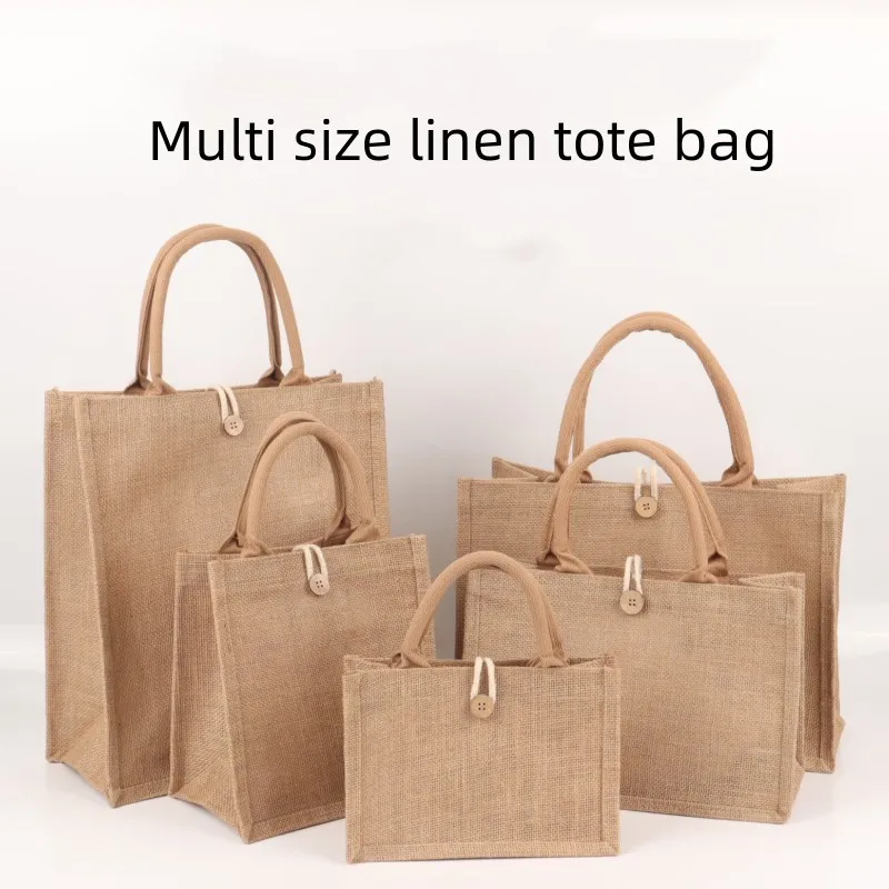 Bolso de mano de lino para mujer, bolsa ecológica para playa de arpillera, bolso de compras portátil con asa superior, bolso de hombro Simple y