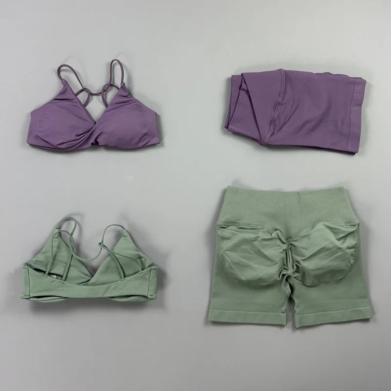 2Pcs Sports Set Women Crossover Waist Scrunch Butt Vision Shorts Seamless Removable Pad Sports Bra Cross Back Yoga Workout Set
