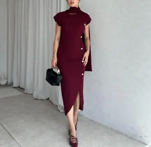 

2025 Autumn New Solid Color Sleeveless Round Neck Multi Button Split Hip Dress