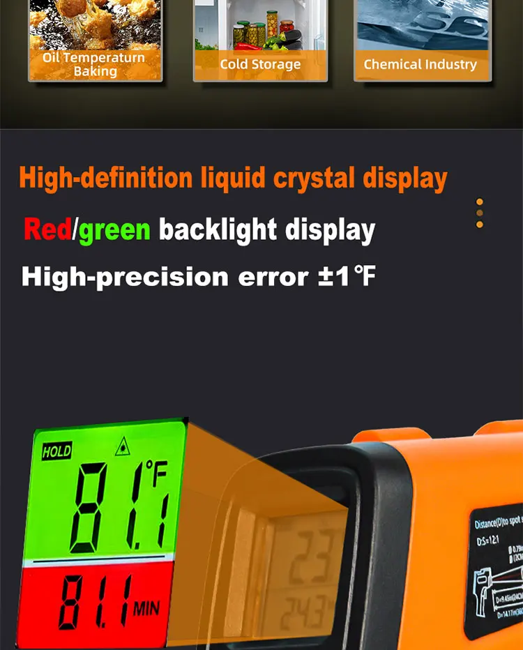 Hochempfindliche digitale Infrarot-Messpistole, Hygrometer, Hintergrundbeleuchtung, Bildschirm, Laserpositionierung, berührungslose Temperatur – Detail 4