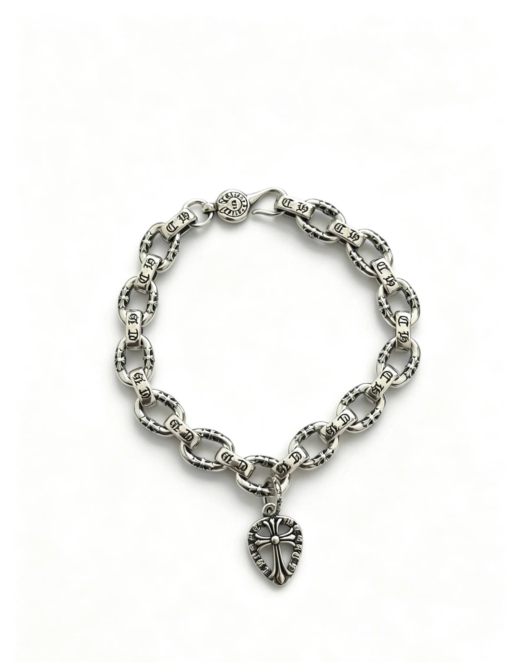 Retro and Old S925 Sterling Silver Ring Interlocking Couple CH Bracelet Shield Cross Hipster Versatile European and American