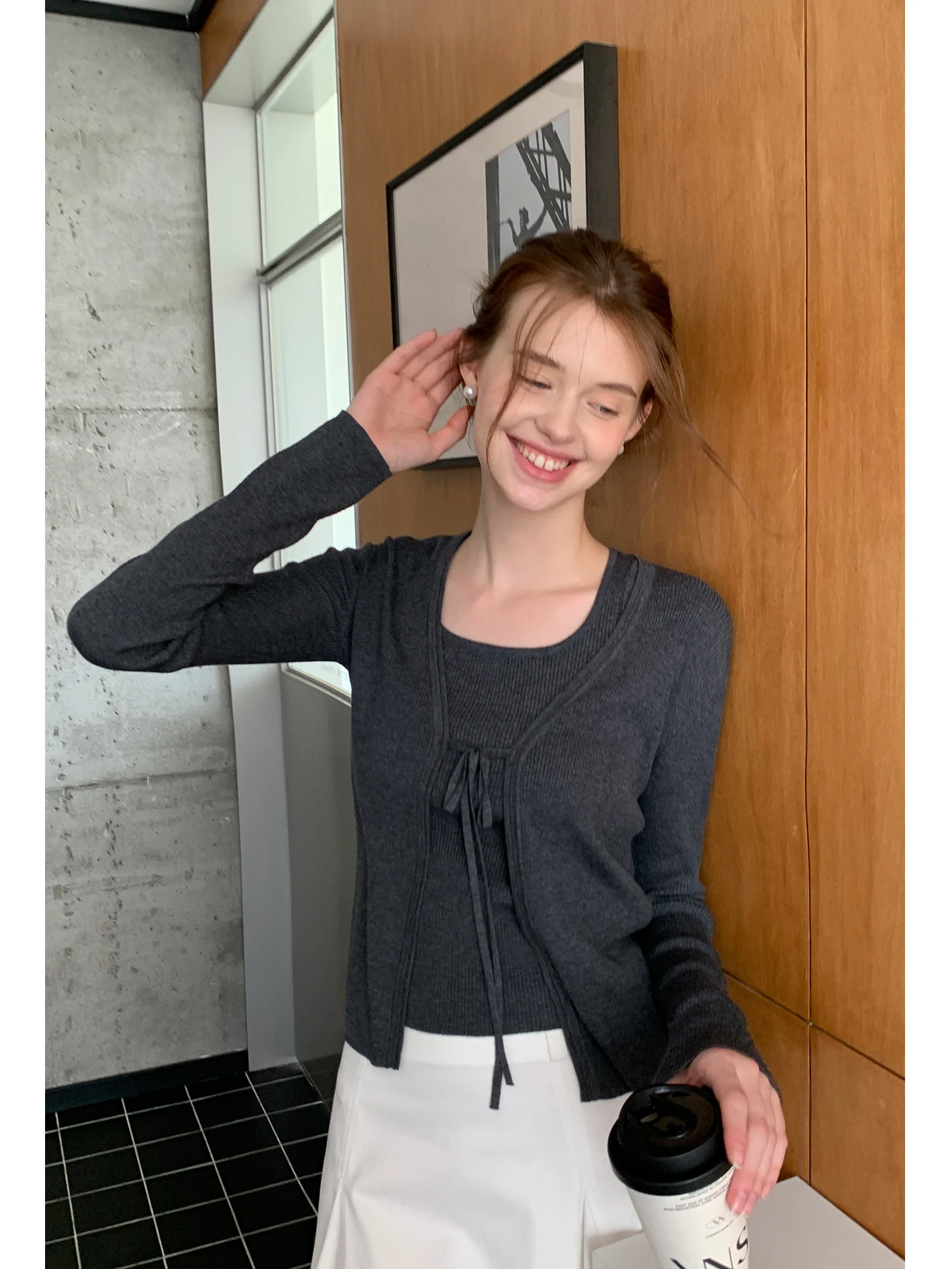 

EGGKA Women's Long Sve Vest Belted Cardigan Two-Piece Knitted Slim Fit ort Top Early Autumn Faion Casual Polyester Fiber