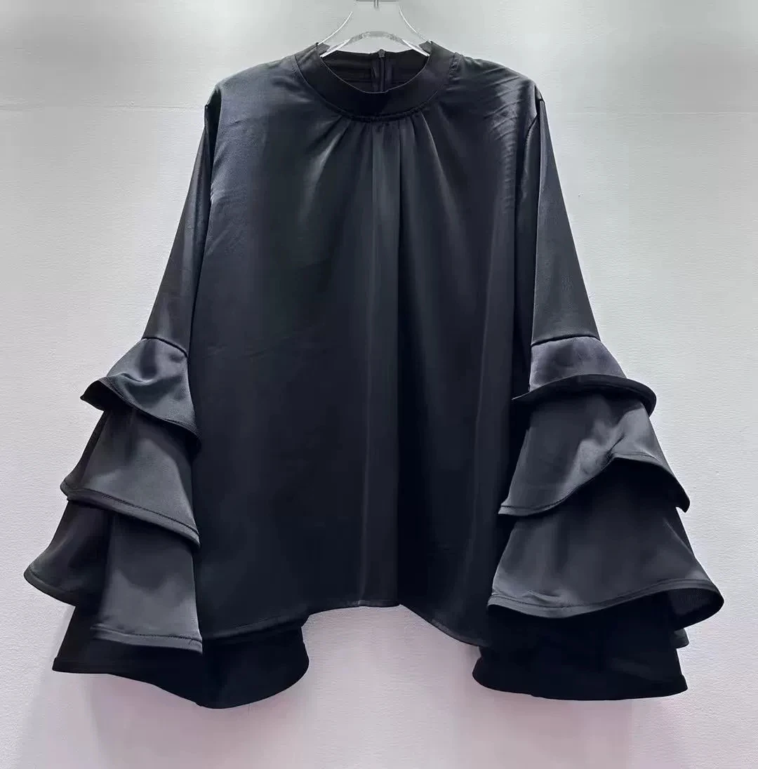 

French style pure color simple top 2025 autumn new ruffled high-end loose slim shirt-GZXX941
