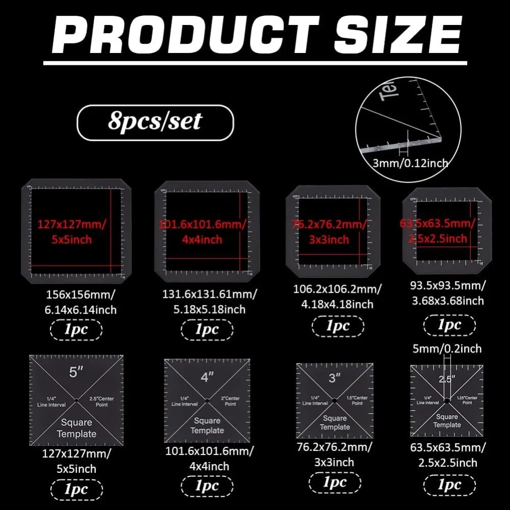 8pcs Square Quilting Template 2.5/3/ 4/ 5inch Acrylic DIY Quilt Block Guide for DIY Hand Patchwork Cutting Craft 2.7mm Thick