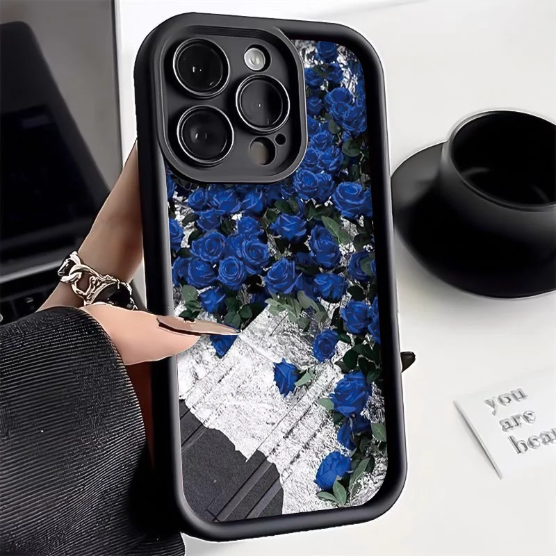 Funda de silicona para teléfono móvil, carcasa a prueba de golpes con diseño de flores y rosas, para iPhone 11, 12, 13, 14, 15 Pro Max, XS, X, XR,