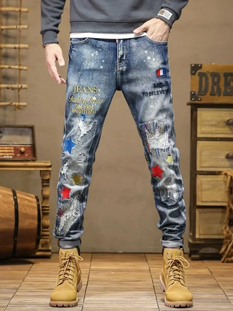 2024 Spring and Autumn New Fashion Trend Printed Stretch Jeans Men's Casual Relaxed Comfortable Breathable High Quality Trousers