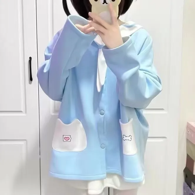 Sweat-shirt Long avec oreilles d'ours, mignon, Jaet, col bleu marine fin, vêtements d'extérieur pour femmes, décontracté, pour étudiantes, nouvelle collection printemps été