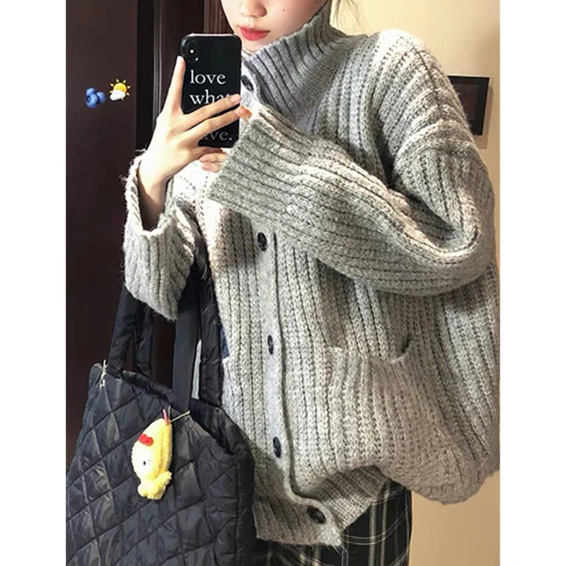 Loose Lazy Sweater Women Twist Fashion Knit Autumn Winter Warm Cardigan Harajuku Stand Collar Gray Vintage Female Jumpers