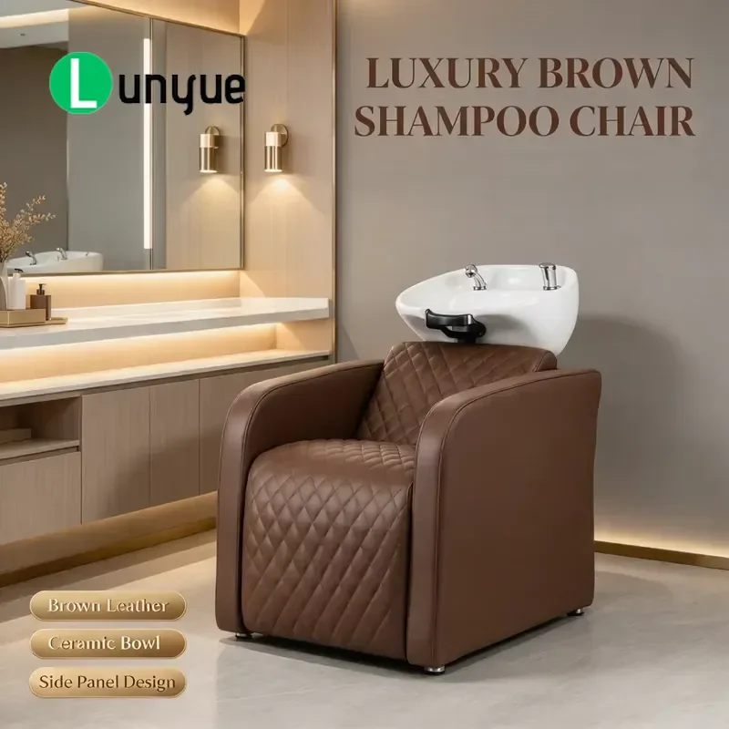 Brown Quilted Leather Shampoo Chair with White Ceramic Basin Professional Hair Washing Station for Beauty Spa Barber