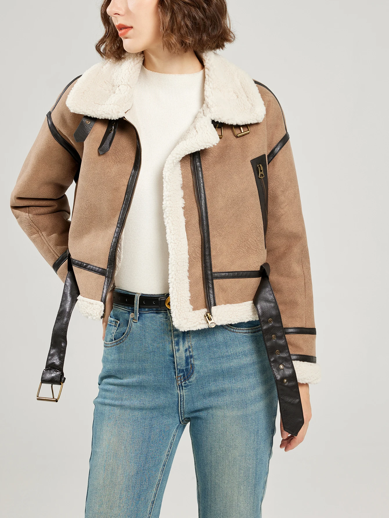 FTLZZ Autumn Winter Casual Lady Lamb Wool Patchwork Leather Coat Women Faux Suede Leather Jacket