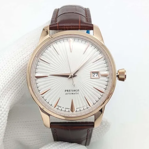 Imagen 2 del producto Reloj mecánico automático para hombre, 40mm, oro rosa, movimiento NH35, espejo de burbuja acrílico, cristal, correa de cuero marrón