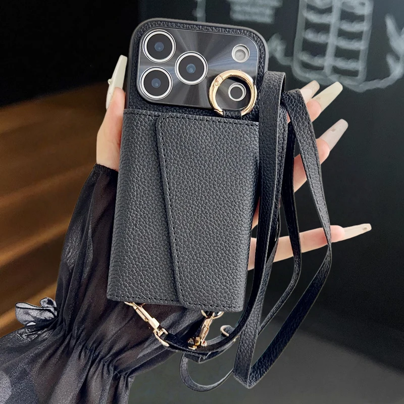 Crossbody-Geldbörsen-Handyhülle mit Make-up-Spiegel für iPhone 17 18 Pro Max 16 Pro 15 14 13 12, trendige Lederhülle mit Kartenfach und Lanyard – Detail 11