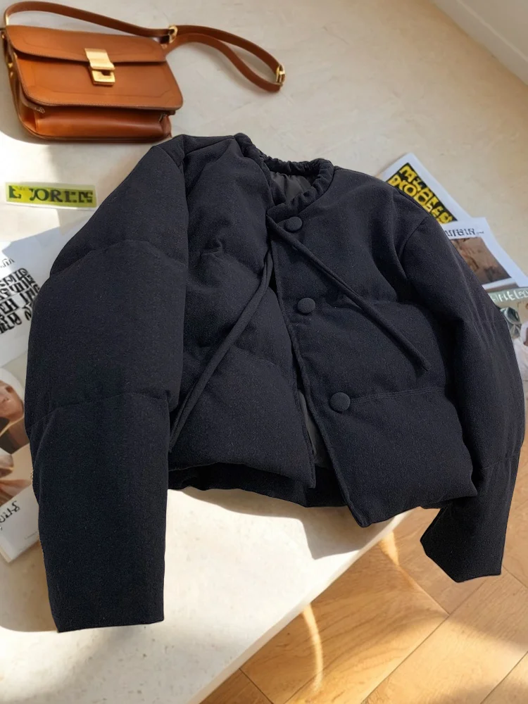 

Loose Fit round Ne Splice Belted Cotton Jaet Women's Autumn Winter Faion Slimming Versatile Warmth Cotton Outerwear